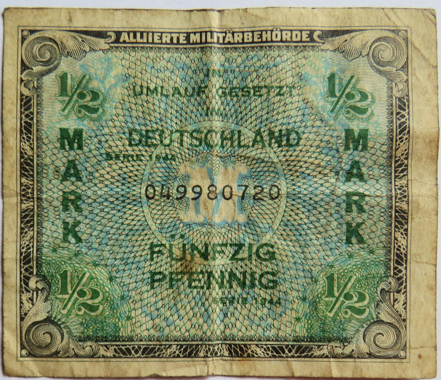 1944 Germany 1/2 Mark Banknote WWII Allied Military Issue