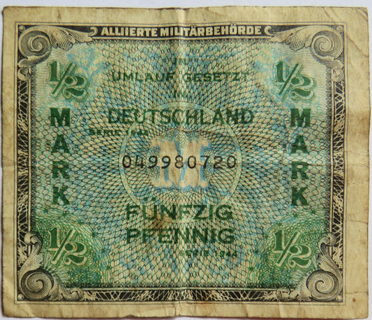 1944 Germany 1/2 Mark Banknote WWII Allied Military Issue