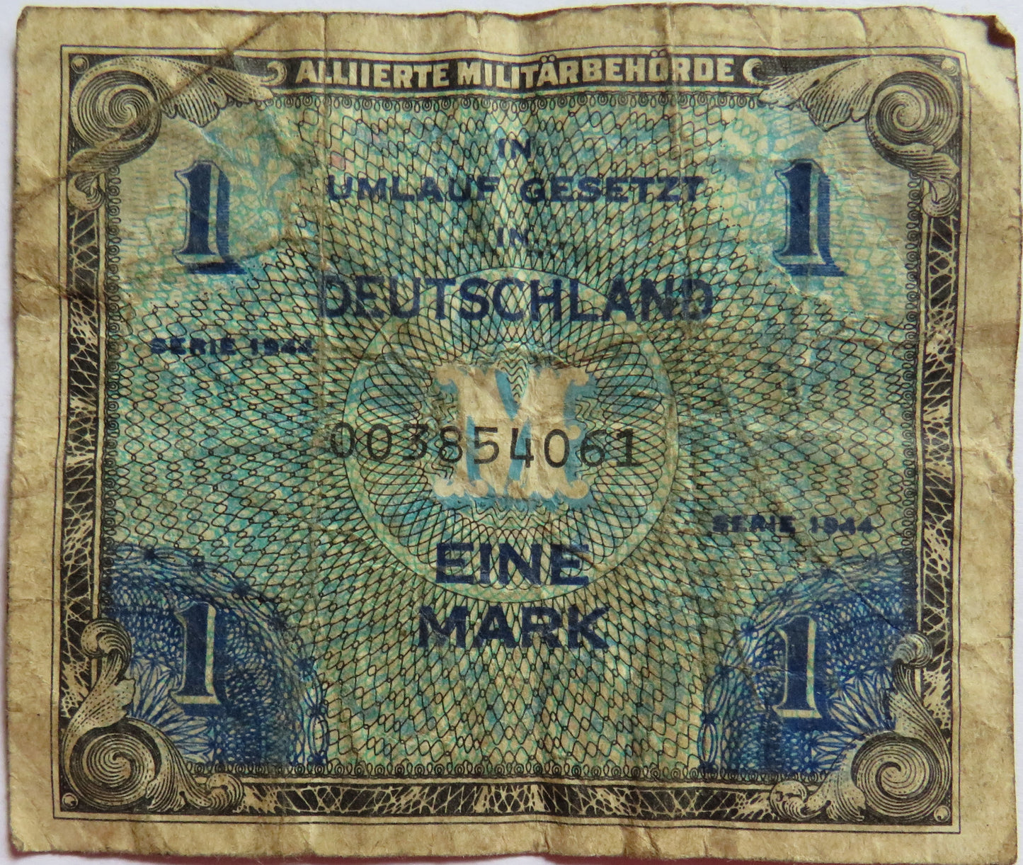 1944 Germany One Mark Banknote WWII Allied Military Issue