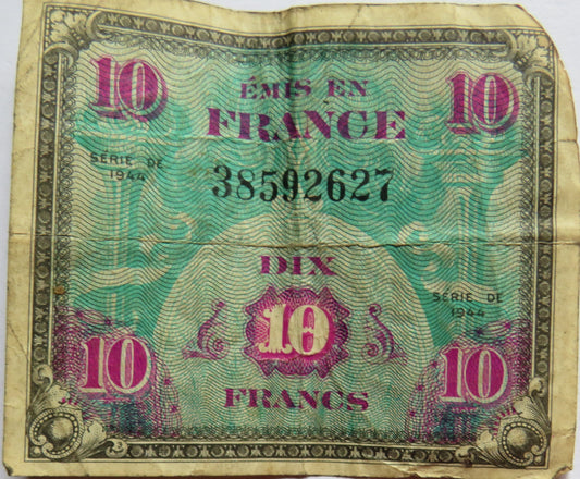 1944 France 10 Francs Banknote WWII