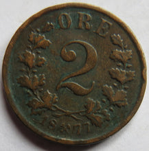 Load image into Gallery viewer, 1877 Norway 2 Ore Coin
