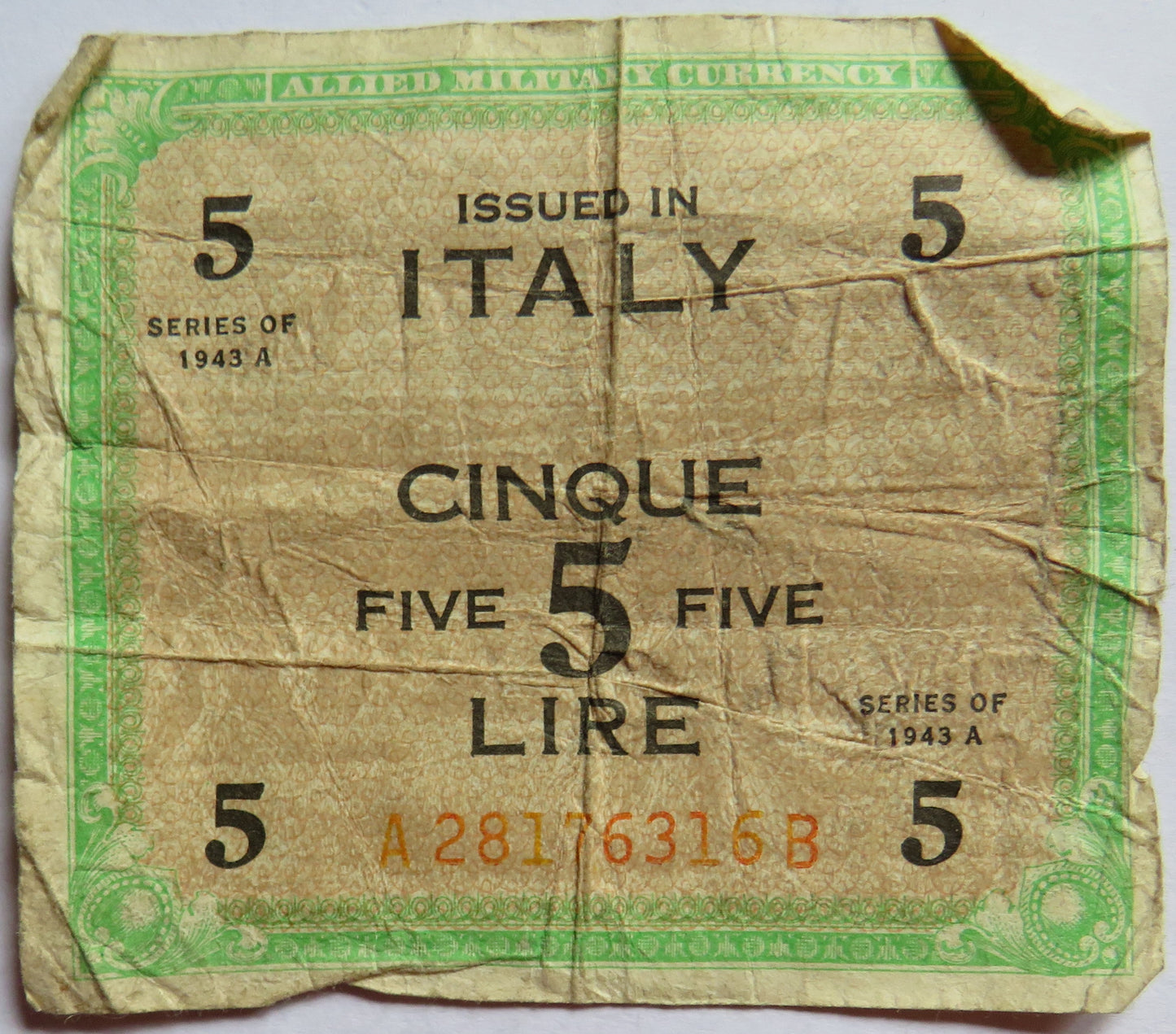 1943 Italy 5 Lire Banknote WWII Allied Military Issue