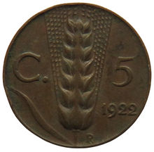 Load image into Gallery viewer, 1922 Italy 5 Centesimi Coin
