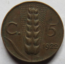 Load image into Gallery viewer, 1922 Italy 5 Centesimi Coin
