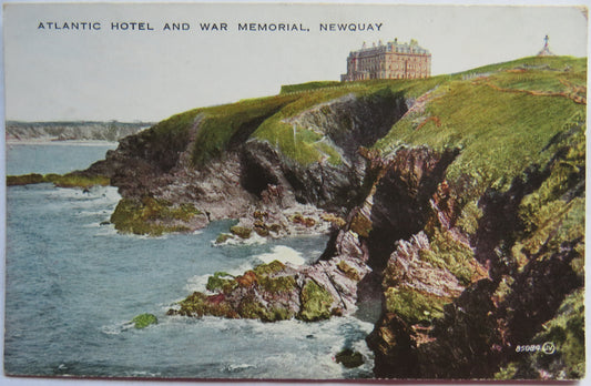 Vintage Postcard of Atlantic Hotel and War Memorial, Newquay