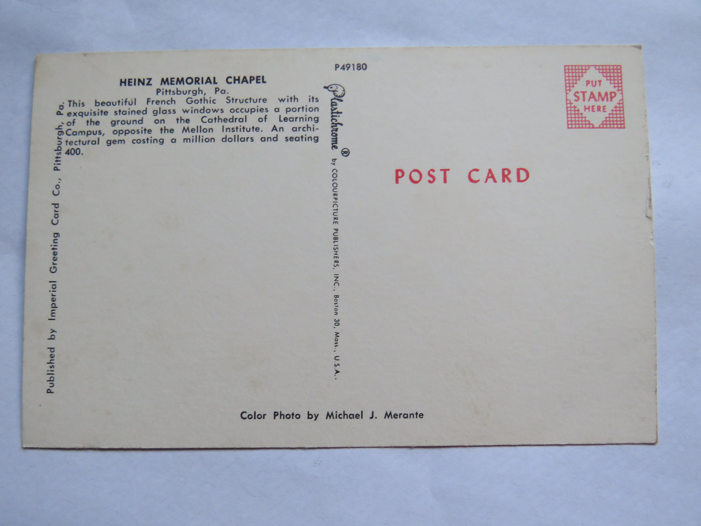 Vintage Postcard of Heinz Memorial Chapel, Pottsburgh, Pa.