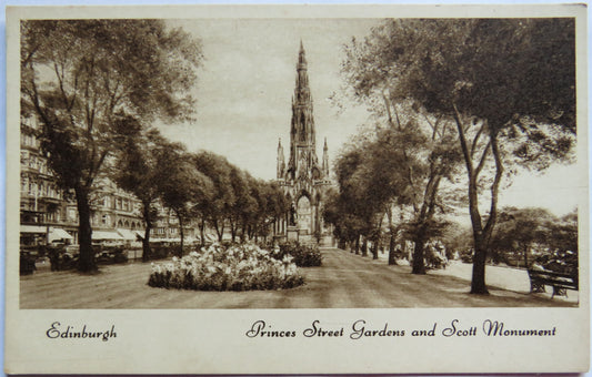 Vintage Postcard of Princes Street Gardens and Scott Monument, Edinburgh