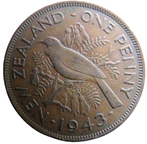 1943 King George VI New Zealand One Penny Coin