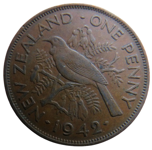 1942 King George VI New Zealand One Penny Coin