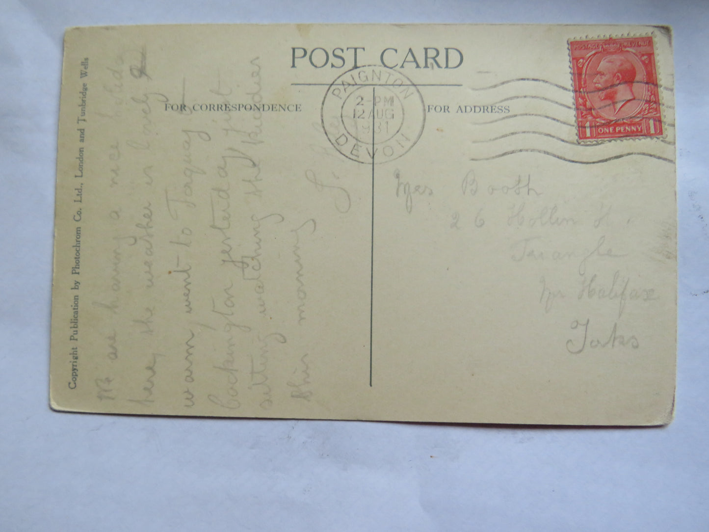 Vintage Postcard of Babbacombe From Petitor, 1931