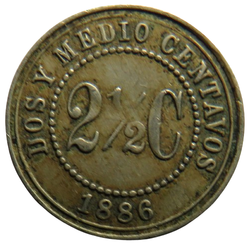 1886 Colombia 2& 1/2 Centavos Coin