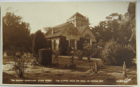 Vintage Postcard of The Country Churchyard Poges.  The Curfew Tolls the Knell of Parting Day
