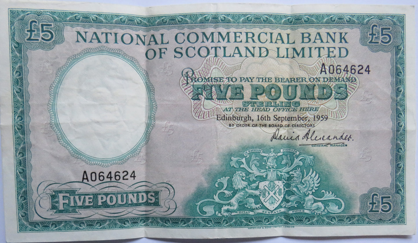 1959 National Commercial Bank of Scotland Limited £5 Five Pound Banknote