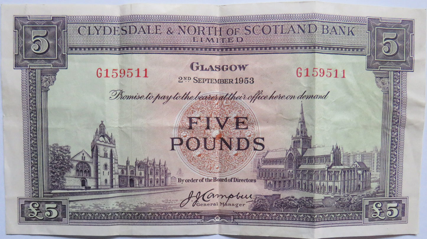 1953 Clydesdale & North of Scotland Bank Limited £5 Banknote