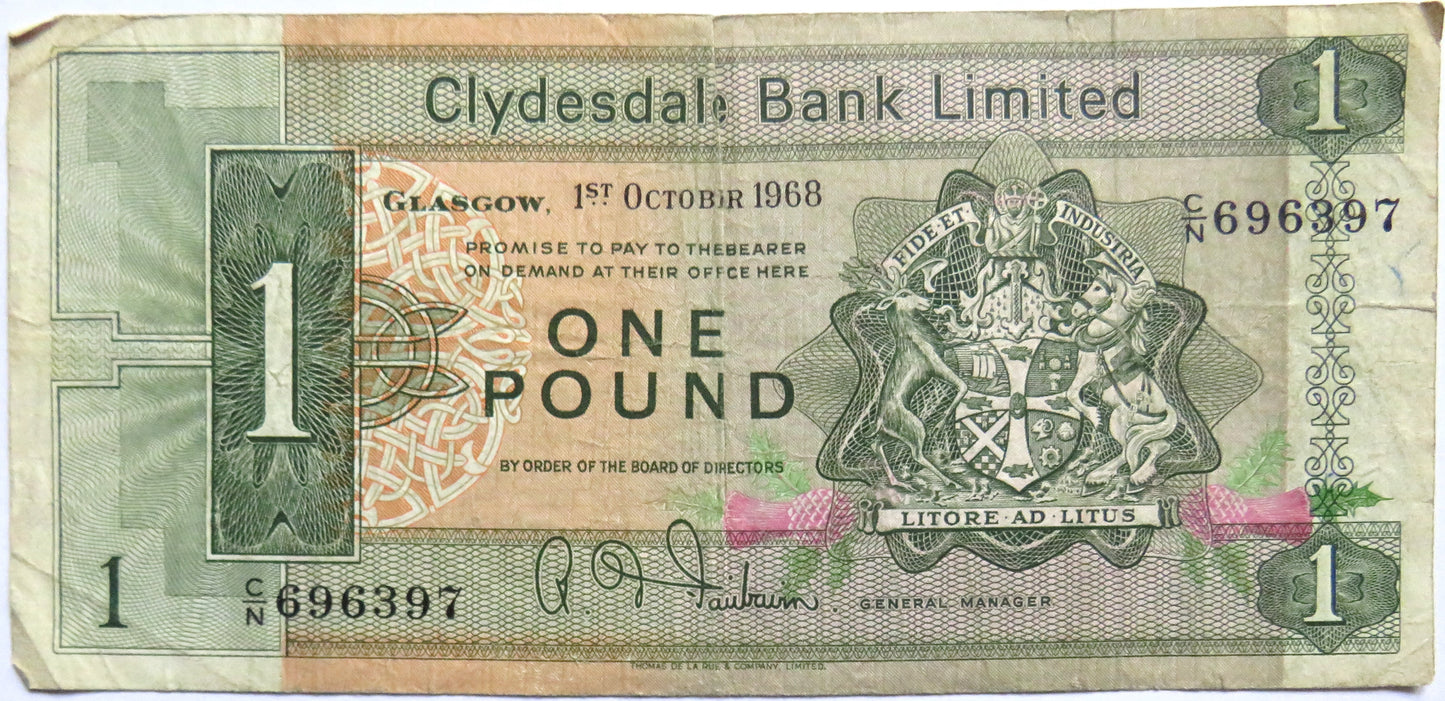 1968 Clydesdale Bank Limited £1 One Pound Banknote