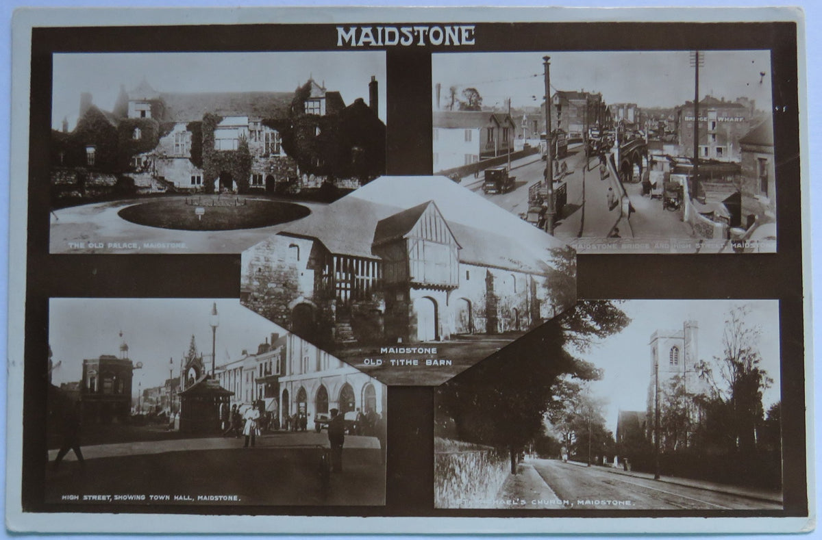 Vintage Multiview Postcard of Maidstone including Old Tithe Barn and High Street image 1