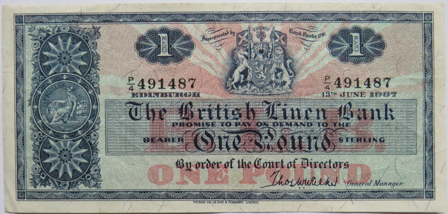 1967 The British Linen Bank £1 One Pound Banknote P/4