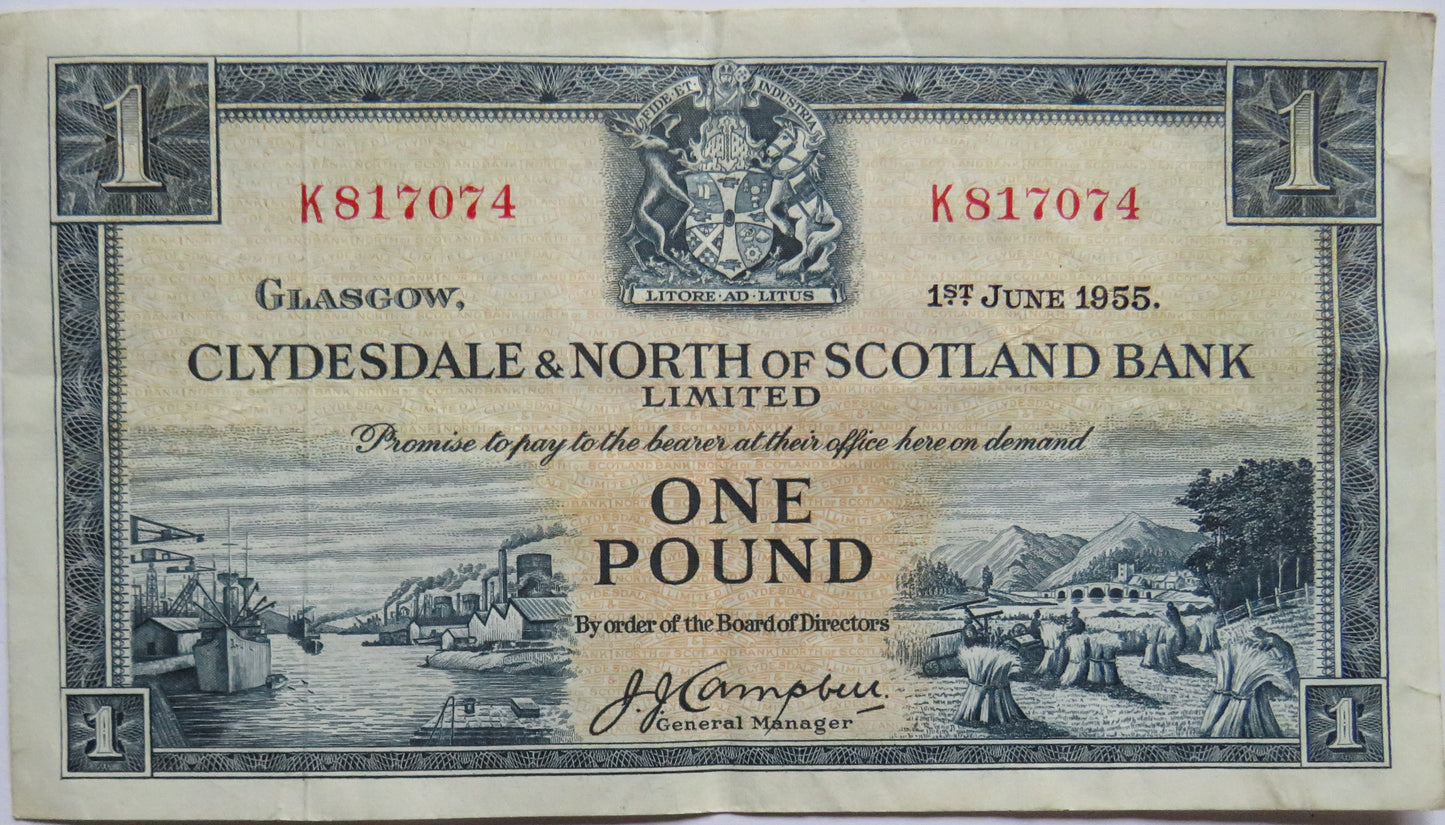 1955 Clydesdale & North of Scotland Bank Limited £1 One Pound Banknote