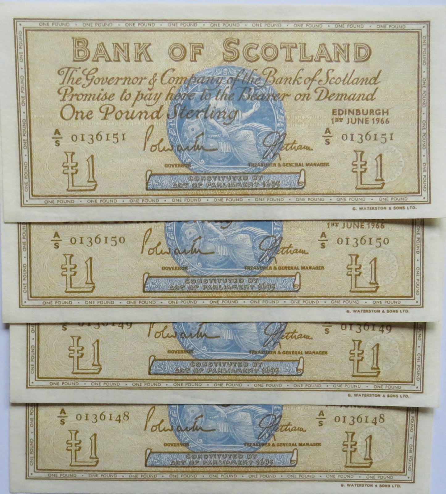 4 Consecutive 1966 Bank of Scotland £1 One Pound Banknotes A/S