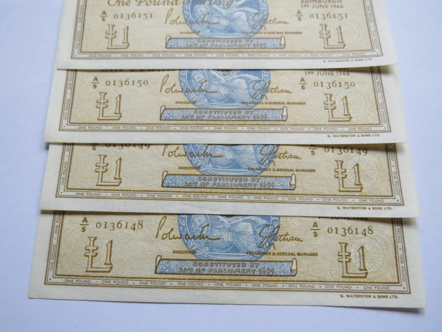 4 Consecutive 1966 Bank of Scotland £1 One Pound Banknotes A/S