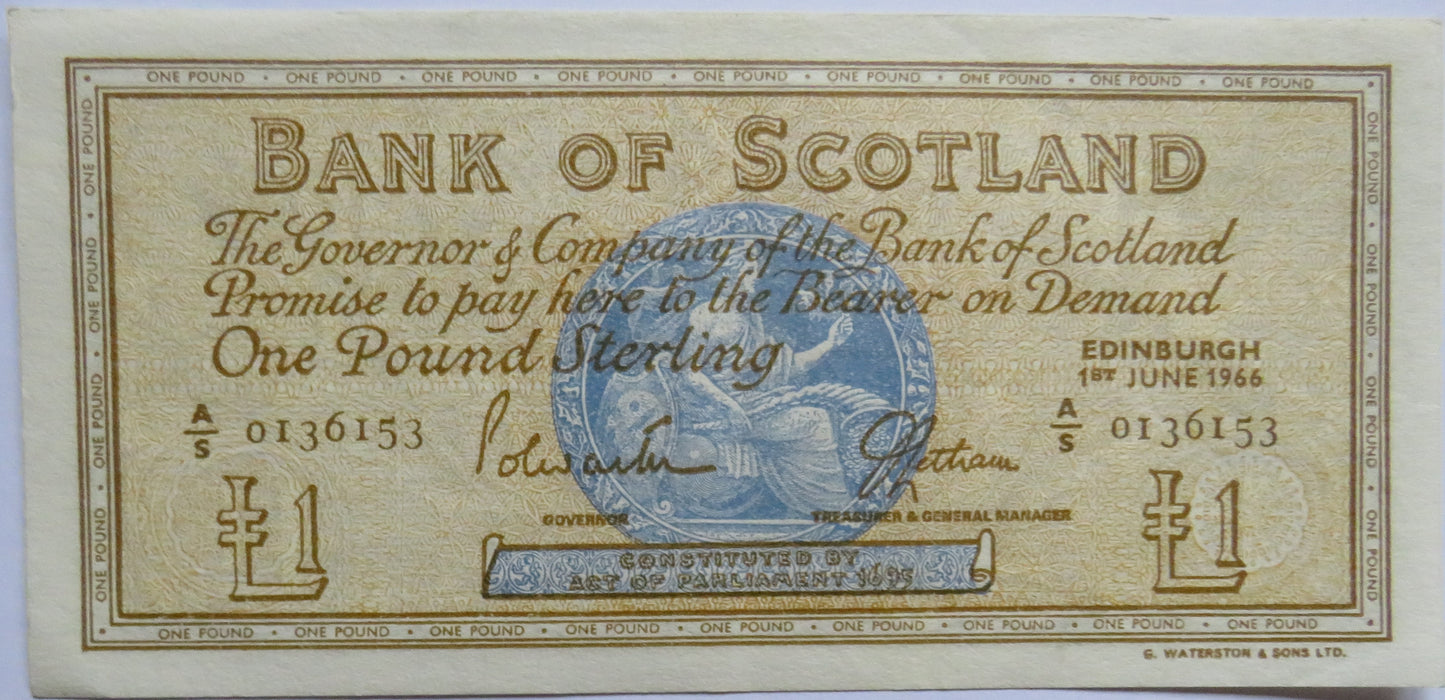 1966 Bank of Scotland £1 One Pound Banknote A/S - High Grade