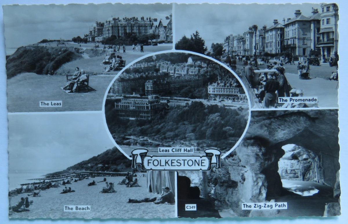 Vintage Multiview Postcard of Folkestone including Leas Cliff Hall and The Beach image 1