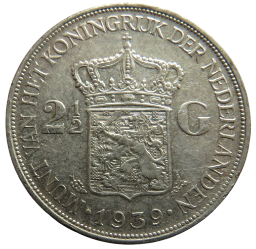 1939 Netherlands Silver 2 & 1/2 Gulden Coin