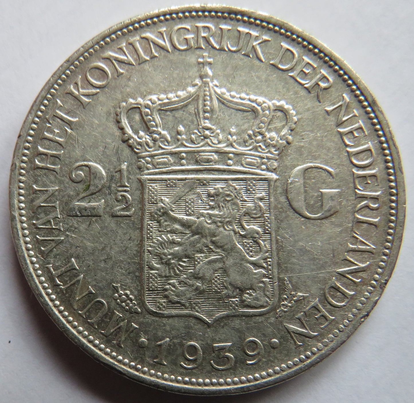 1939 Netherlands Silver 2 & 1/2 Gulden Coin