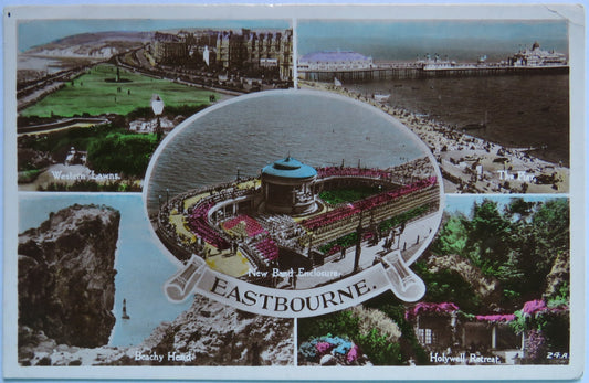 Vintage Multiview Postcard of Eastbourne including New Band Enclosure and Holywell Retreat, 1938 image 1