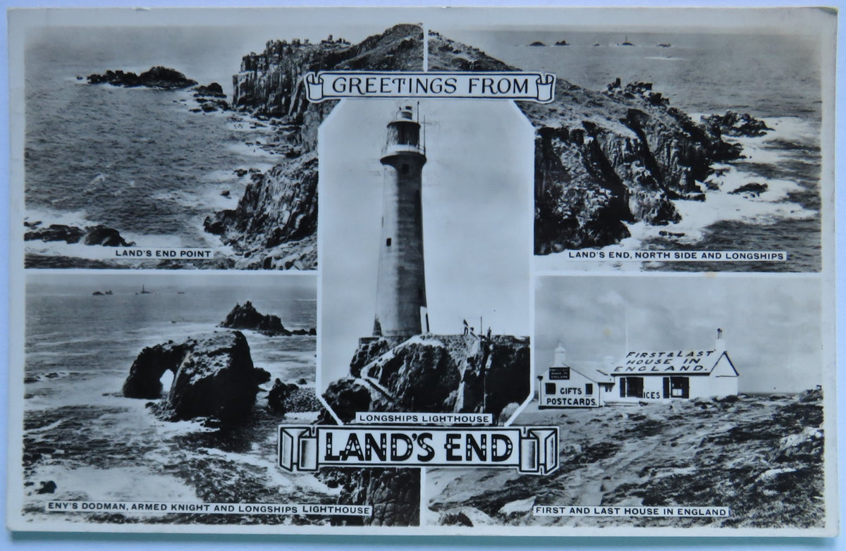Vintage Multiview Postcard of Greetings from Land's End featuring Longships Lighthouse & First and Last House in England, 1953 image 1