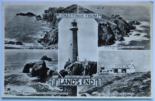 Vintage Multiview Postcard of Greetings from Land's End featuring Longships Lighthouse & First and Last House in England, 1953 image 1