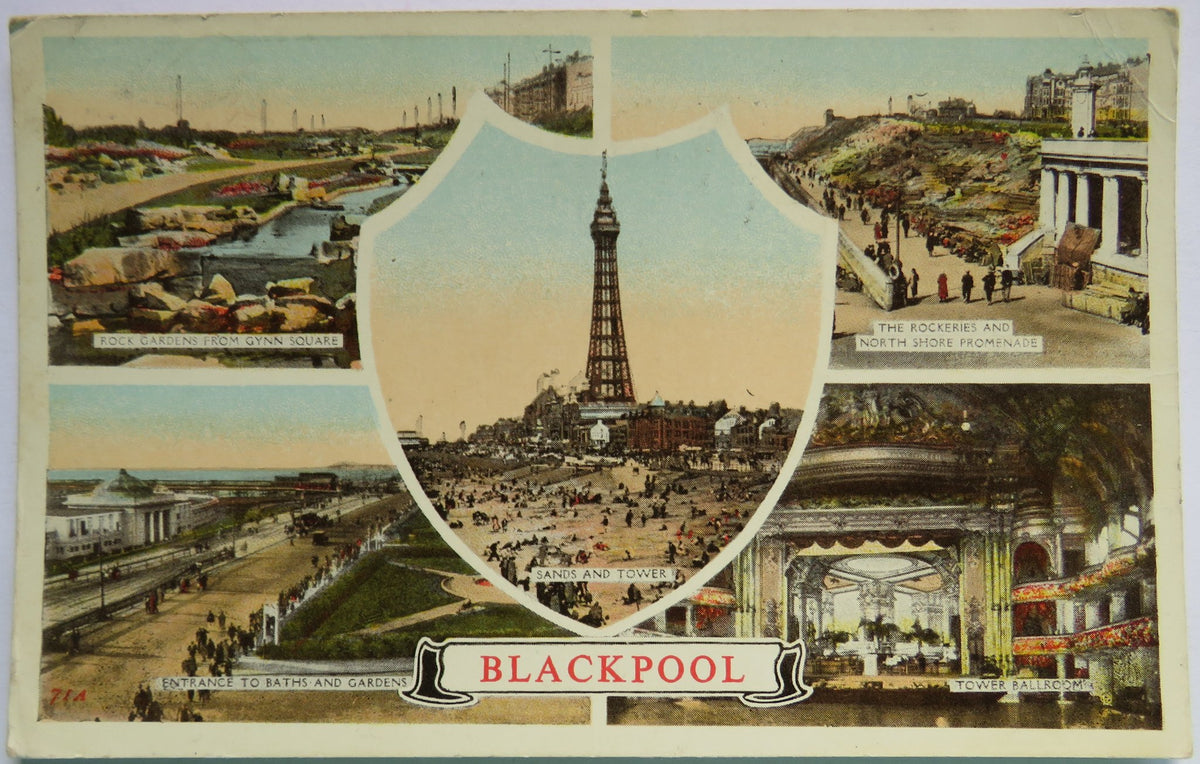 Vintage Multiview Postcard of Blackpool including Sands and Tower, and Tower Ballroom, 1937 image 1