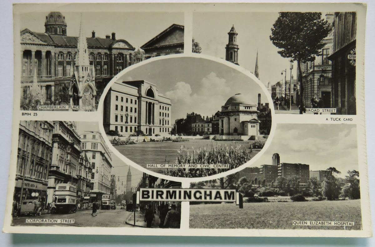 Vintage Multiview Postcard of Birmingham including Hall of Memory and Civic Centre, 1954 image 1
