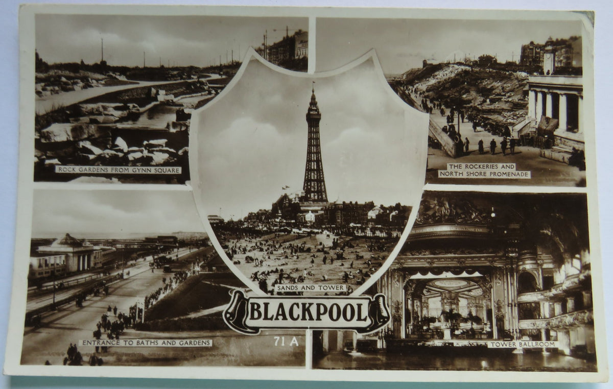 Vintage Multiview Postcard of Blackpool Featuring Tower Ballroom and Sands & Tower, 1938 image 1