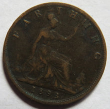 Load image into Gallery viewer, 1893 Queen Victoria Bun Head Farthing Coin - Great Britain
