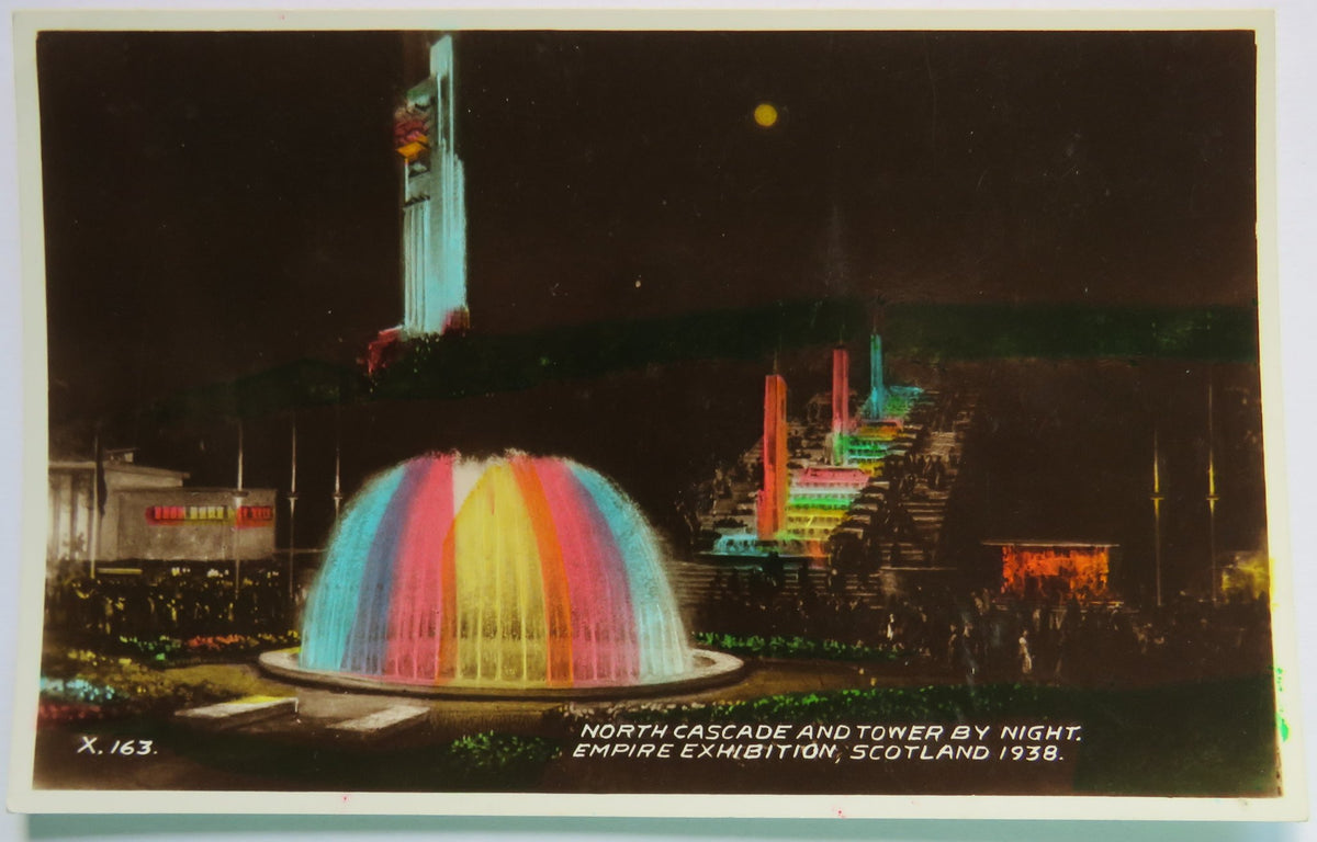 Vintage Postcard of North Cascade and Tower by Night, Empire Exhibition, Scotland, 1938 - Valentine's Postcard image 1