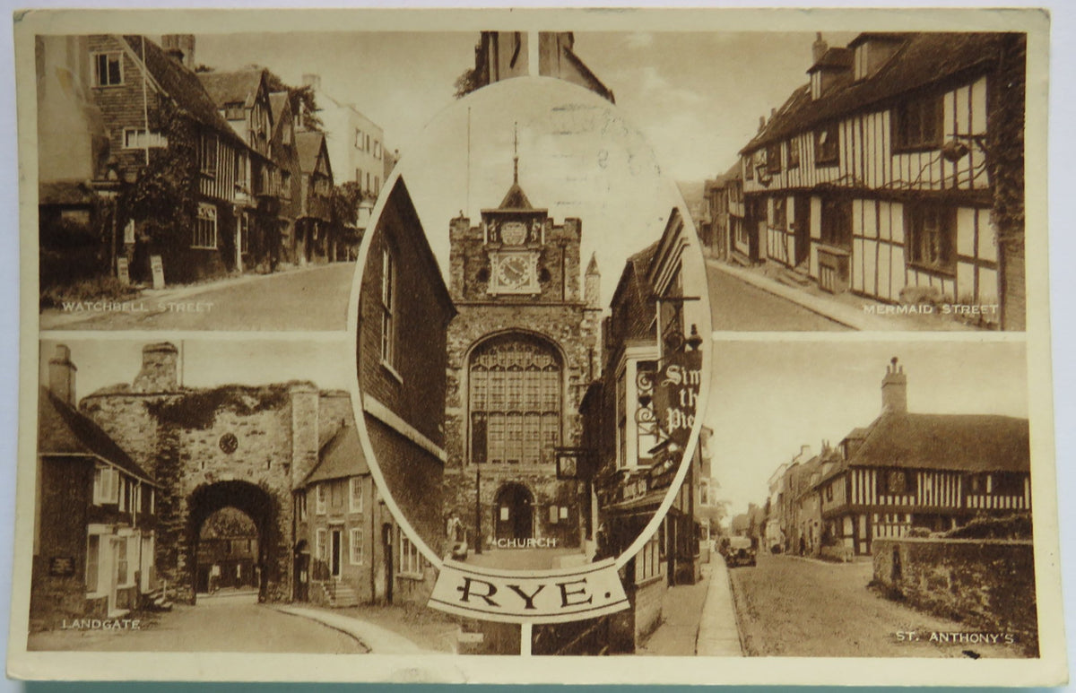 Vintage Multiview Postcard of Rye including Church, Watchbell Street and Landgate, 1953 image 1
