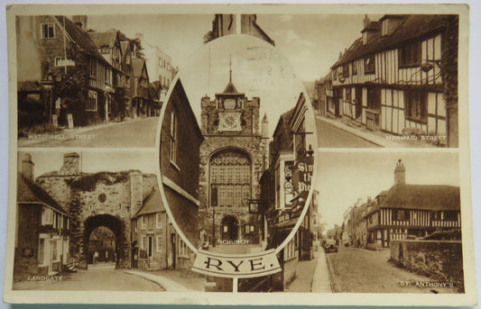 Vintage Multiview Postcard of Rye including Church, Watchbell Street and Landgate, 1953 image 1