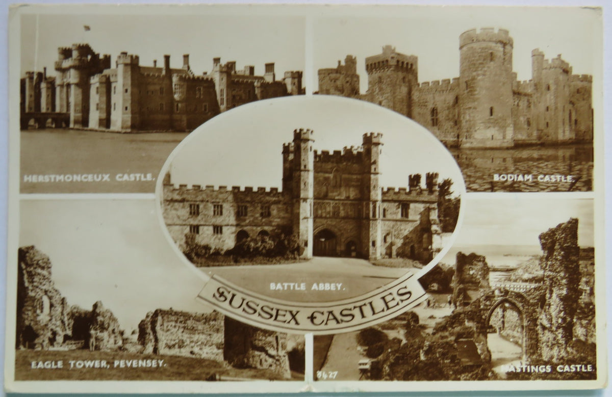 Vintage Multiview Postcard of Sussex Castles featuring Battle Abbey, Hastings Castle & More, 1954 image 1