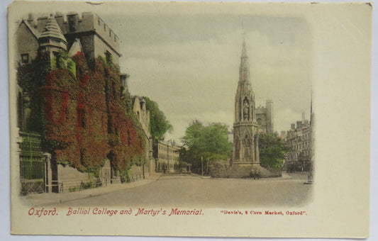 Vintage Postcard of Oxford, Balliol College and Martyr's Memorial, "Davia's, 2 Corn Market, Oxford