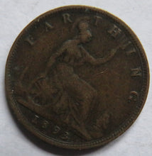 Load image into Gallery viewer, 1893 Queen Victoria Bun Head Farthing Coin - Great Britain
