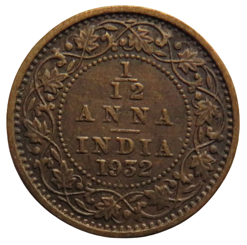 1932 King George V India 1/12th Anna Coin