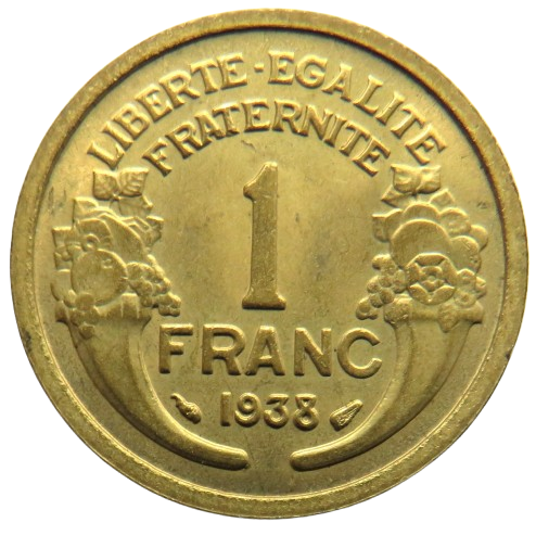 1938 France One Franc Coin Unc