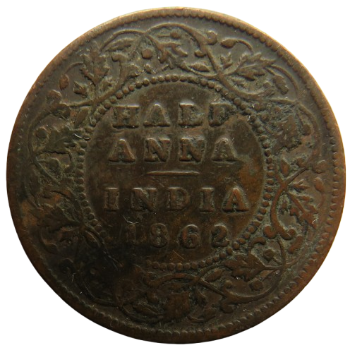 1862 Queen Victoria India 1/2 Half Anna Coin