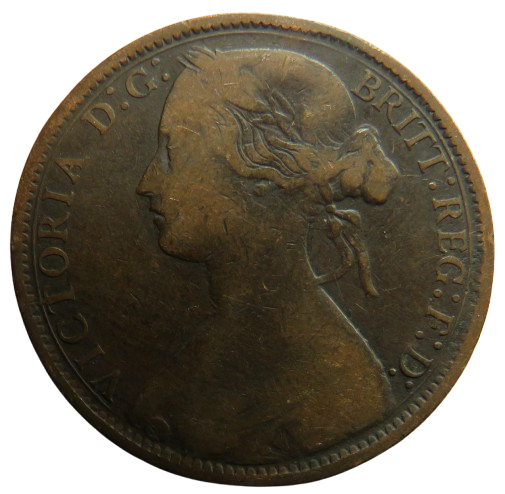 1870 Queen Victoria Bun Head One Penny Coin - Great Britain