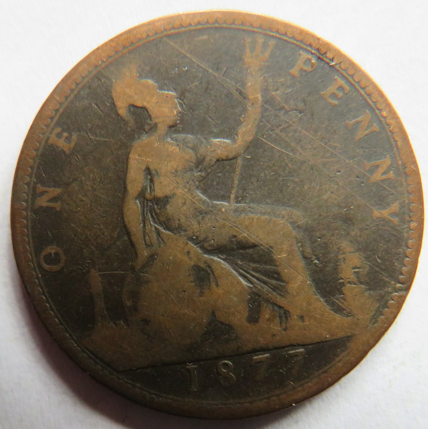 1877 Queen Victoria Bun Head One Penny Coin - Great Britain