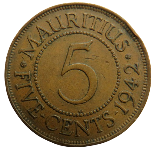 1942 King George VI Mauritius 5 Cents Coin