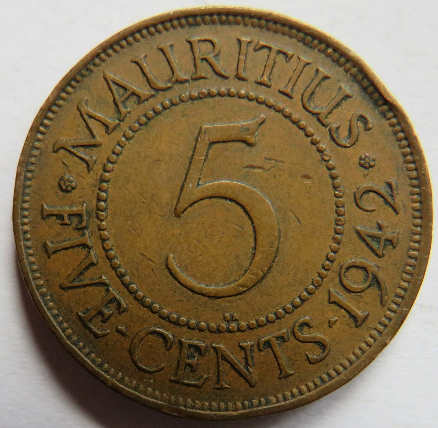 1942 King George VI Mauritius 5 Cents Coin