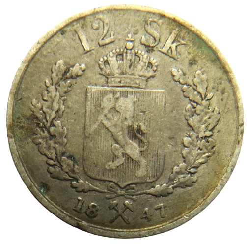 1847 Norway Silver 12 Skilling Coin