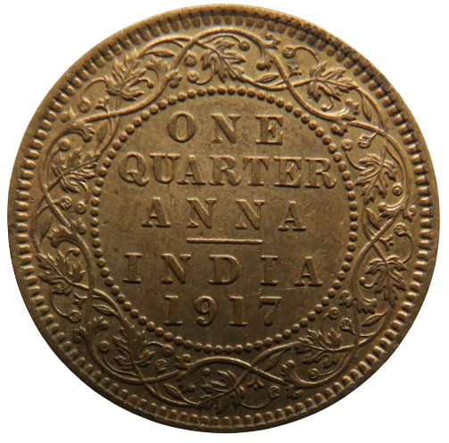 1917 King George V India 1/4 Anna Coin In High Grade